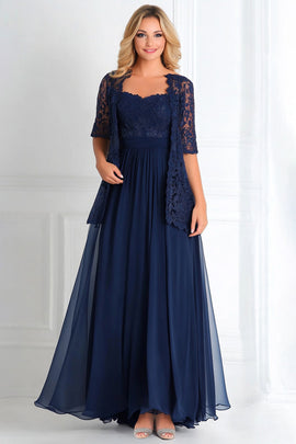 Elegant Navy A Line Boat Neck Chiffon Lace Applique Long Mother Of the Bride Dress with 3/4 Sleeves