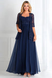 Elegant Navy A Line Boat Neck Chiffon Lace Applique Long Mother Of the Bride Dress with 3/4 Sleeves