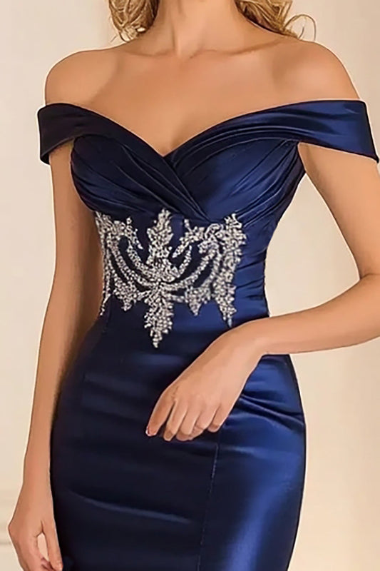 Elegant Navy Off the Shoulder Mermaid Satin Long Mother Of the Bride Dress with Embroidery