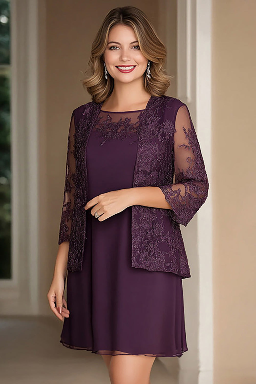 Elegant Plum Pencil Boat Neck Chiffon Long Mother Of the Bride Dress with Lace Appliques