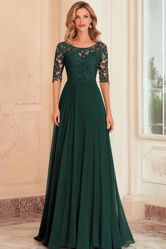 Elegant Dark Green A-Line Boat Neck Chiffon Long Mother Of the Bride Dress with Lace Appliques