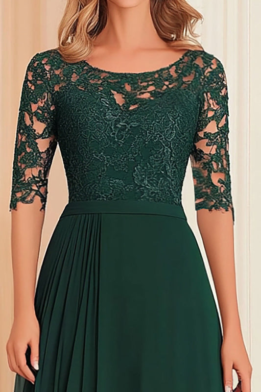 Elegant Dark Green A-Line Boat Neck Chiffon Long Mother Of the Bride Dress with Lace Appliques