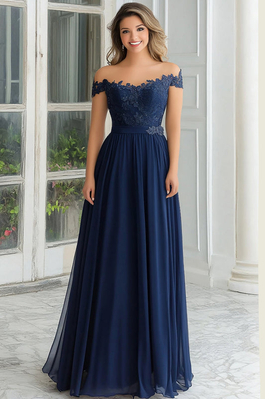 Elegant A-Line Navy Off the Shoulder Chiffon Long Mother Of the Bride Dress with Lace Appliques