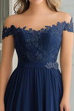 Elegant A-Line Navy Off the Shoulder Chiffon Long Mother Of the Bride Dress with Lace Appliques