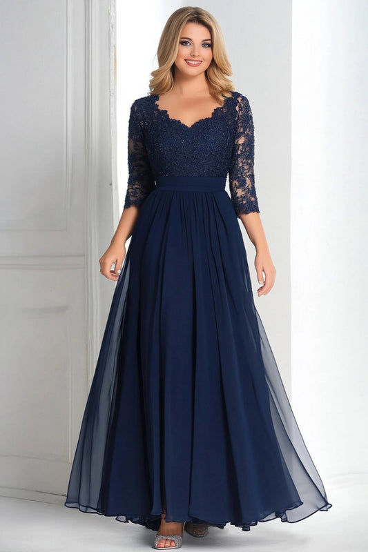 Elegant Navy V-Neck A-Line Chiffon Long Mother Of the Bride Dress with 3/4 Sleeves