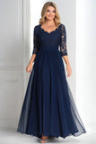 Elegant Navy V-Neck A-Line Chiffon Long Mother Of the Bride Dress with 3/4 Sleeves