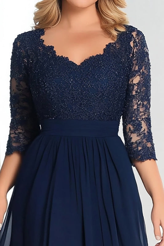 Elegant Navy V-Neck A-Line Chiffon Long Mother Of the Bride Dress with 3/4 Sleeves