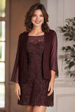 Cabernet Square Neck Column Chiffon Long Mother Of the Bride Dress with Lace Appliques