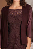 Cabernet Square Neck Column Chiffon Long Mother Of the Bride Dress with Lace Appliques