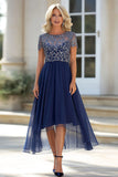 Navy Lace Tulle A Line Scoop Neck Short Sleeves Mother of the Bride Dress