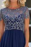 Navy Lace Tulle A Line Scoop Neck Short Sleeves Mother of the Bride Dress