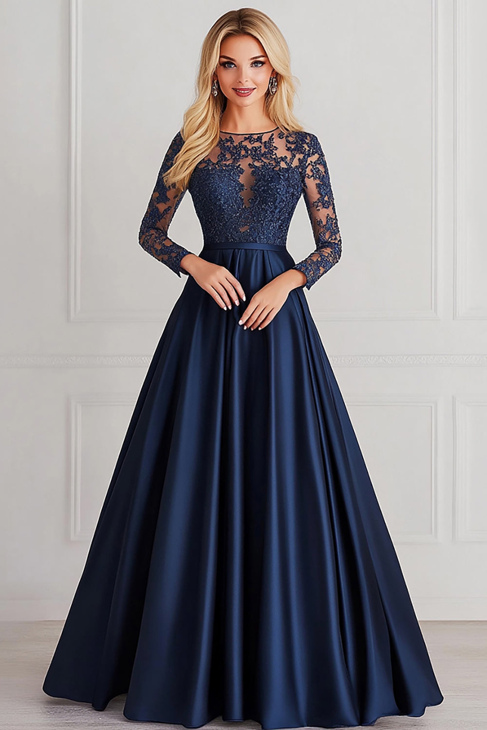 Sparkly Navy A-Line Long Sleeves Laced Top Satin Mother of the Bride Dress