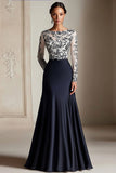 Black Mermaid Long Sleeves Satin Long Mother of the Bride Dress with Lace Appliques