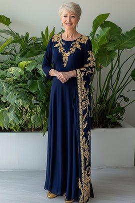 Navy Sheath Long Sleeves Chiffon Long Mother of the Bride Dress with Embroidery