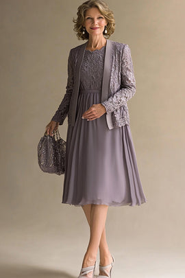 Vintage Mauve A-Line Scoop Lace Top Chiffon Knee Length Mother of the Bride Dress with Lace Jacket