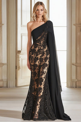 Lace Black One Shoulder Sheath Long Mother of the Bride Dress