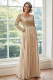 Golden A Line Chiffon Pleated Mother of the Bride Dress with Long Sleeves