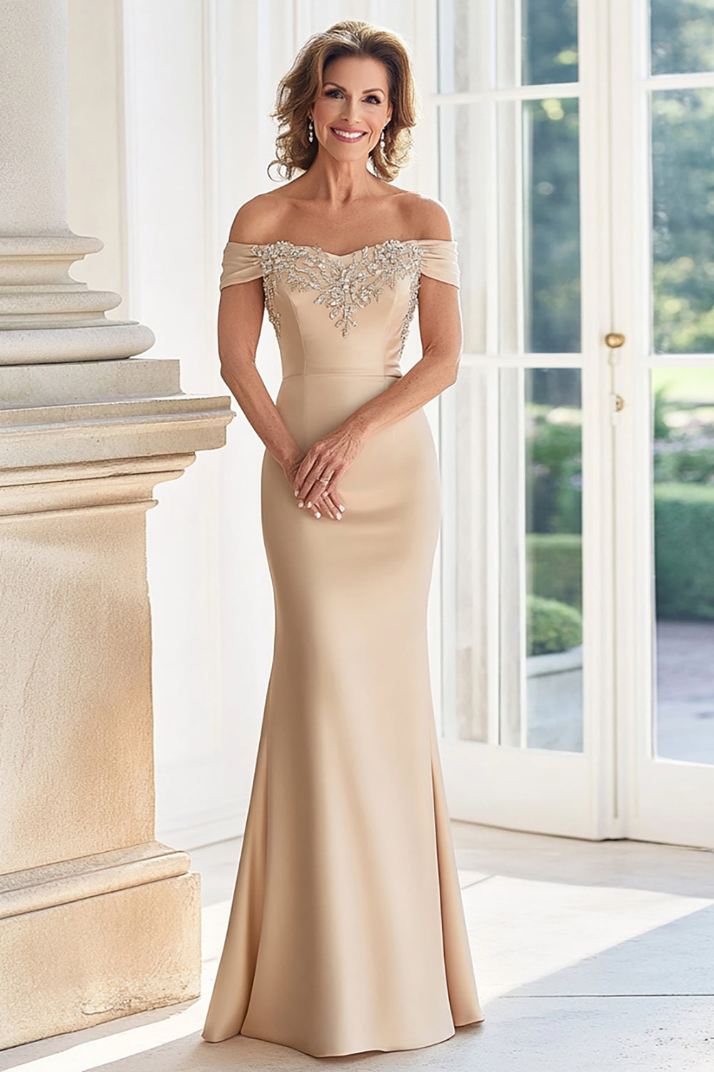 Champagne Off the Shoulder Sheath Mother of the Bride Dress with Appliques