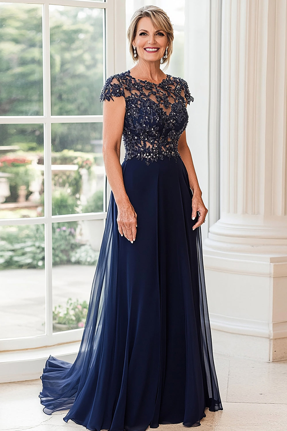 Scoop Neck A Line Navy Cap Sleeves Mother of the Bride Dress