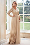 Champagne A Line V Neck Pleated Long Sleeves Mother of the Bride Dress