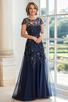 A Line Navy Scoop Neck Cap Sleeves Lace Mother of the Bride Dress