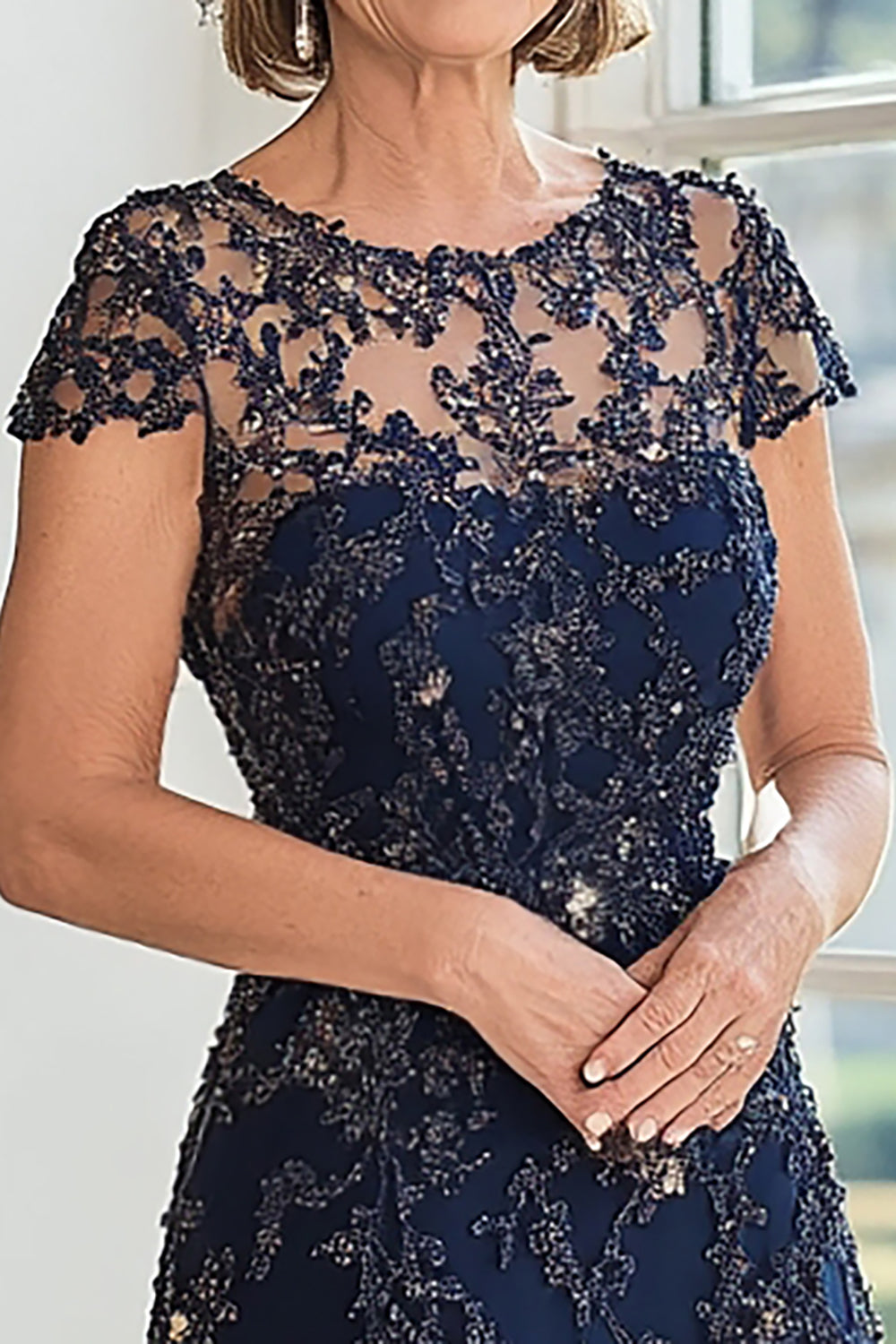 A Line Navy Scoop Neck Cap Sleeves Lace Mother of the Bride Dress