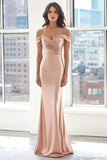 Elegant Blush Off the Shoulder Sheath Stretch Satin Long Formal Dress with Ruched