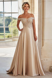 A Line Champagne Off The Shoulder Embroidered Mother of the Bride Dress