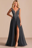 Charcoal A Line V-Neck Lace Appliques Mother of the Bride Dress