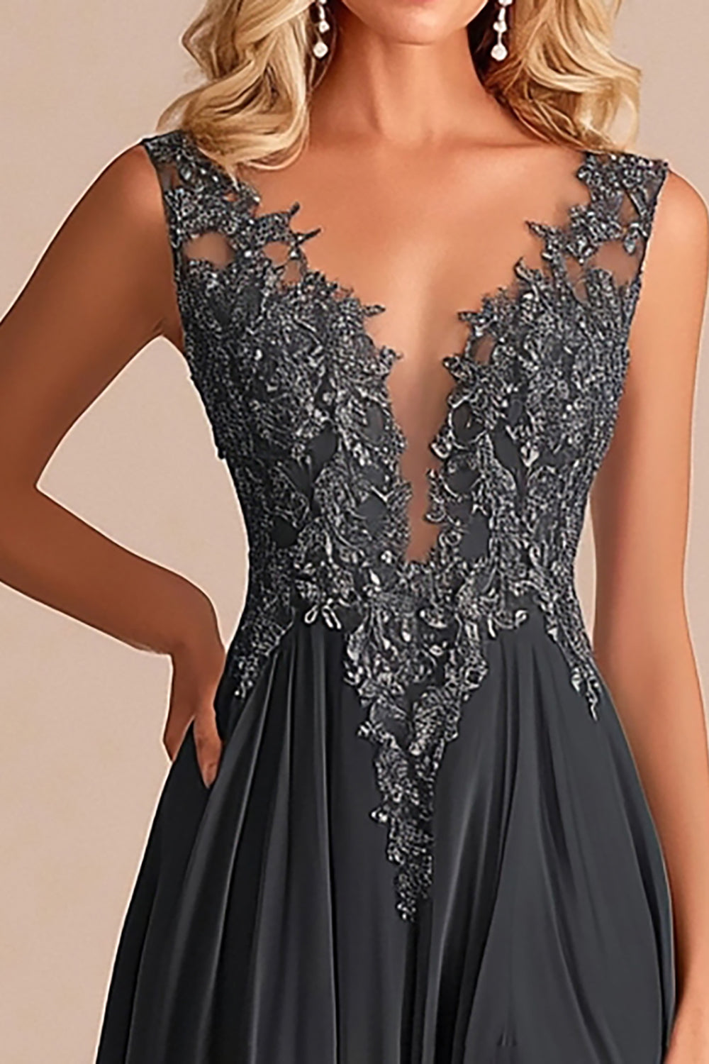 Charcoal A Line V-Neck Lace Appliques Mother of the Bride Dress