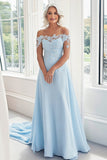 Sky Blue A Line Off The Shoulder Lace Appliques Mother of the Bride Dress