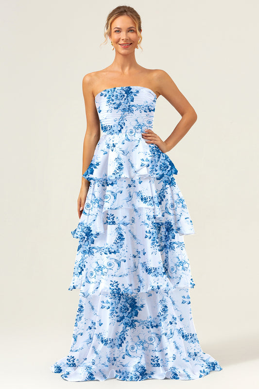 White Blue Flower Printed Strapless Long Bridesmaid Dress with Ruffles