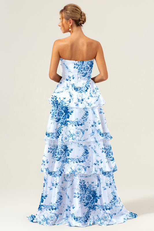 White Blue Flower Printed Strapless Long Bridesmaid Dress with Ruffles