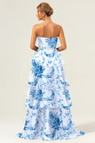 White Blue Flower A Line Ruched Long Bridesmaid Dress with Ruffles