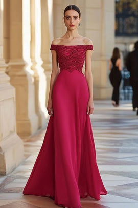 Red A Line Beaded Off the Shoulder Long Formal Dress