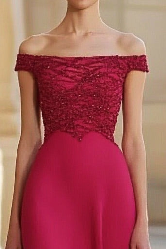 Red A Line Beaded Off the Shoulder Long Formal Dress