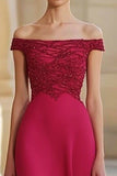 Red A Line Beaded Off the Shoulder Long Formal Dress