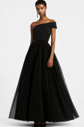 Sparkly One Shoulder Black A Line Beaded Tulle Long Formal Dress