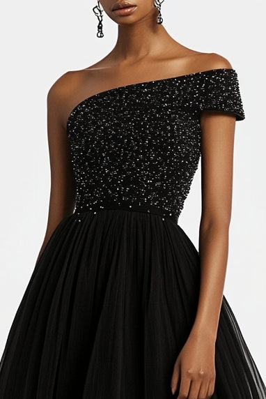 Sparkly One Shoulder Black A Line Beaded Tulle Long Formal Dress