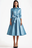 Blue A Line Flared Front Button Closures Mid Length Formal Dress with Long Sleeves