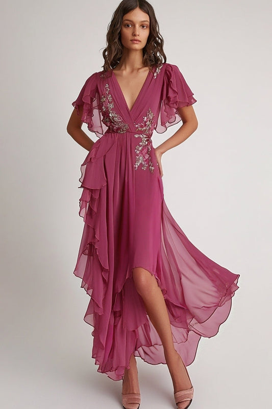 Embellished Dark Pink V Neck A Line Floral Maxi Formal Dress with Ruffles