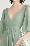 Dusty Sage A Line V-Neck Chiffon Angel Sleeves Formal Dress