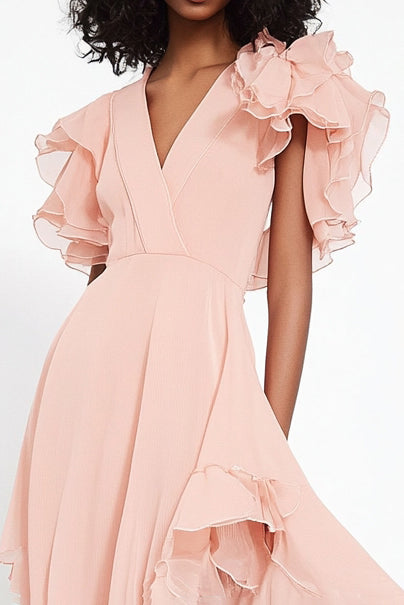 Pink V-Neck Ruffles Chiffon Asymmetrical Formal Dress