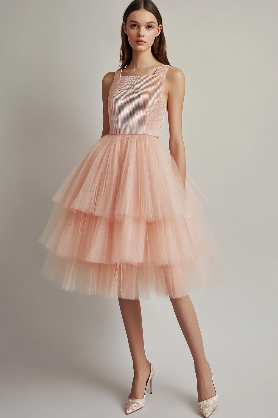 Pink Square Neck Tiered Tulle Midi Formal Dress