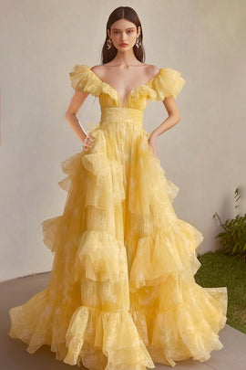 Yellow A Line Off The Shoulder Ruffles Formal Dress