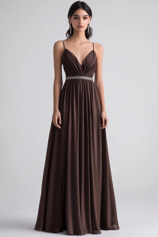 Coffee A Line Spaghetti Straps Ruched Formal Dress