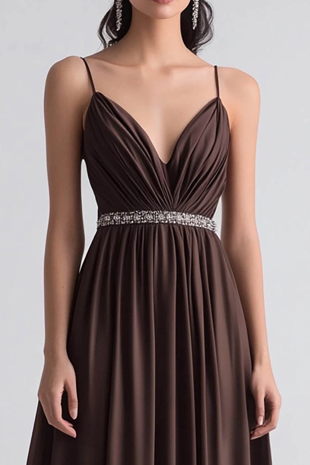 Coffee A Line Spaghetti Straps Ruched Formal Dress