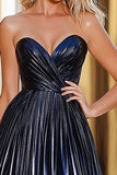 Glitter A Line Navy Sweetheart Ruched Prom Dress