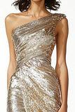 Glitter Gold Sheath One Shoulder Ruched Prom Dress with Slit