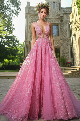 Fuchsia V Neck A Line Lace Applique Prom Dress